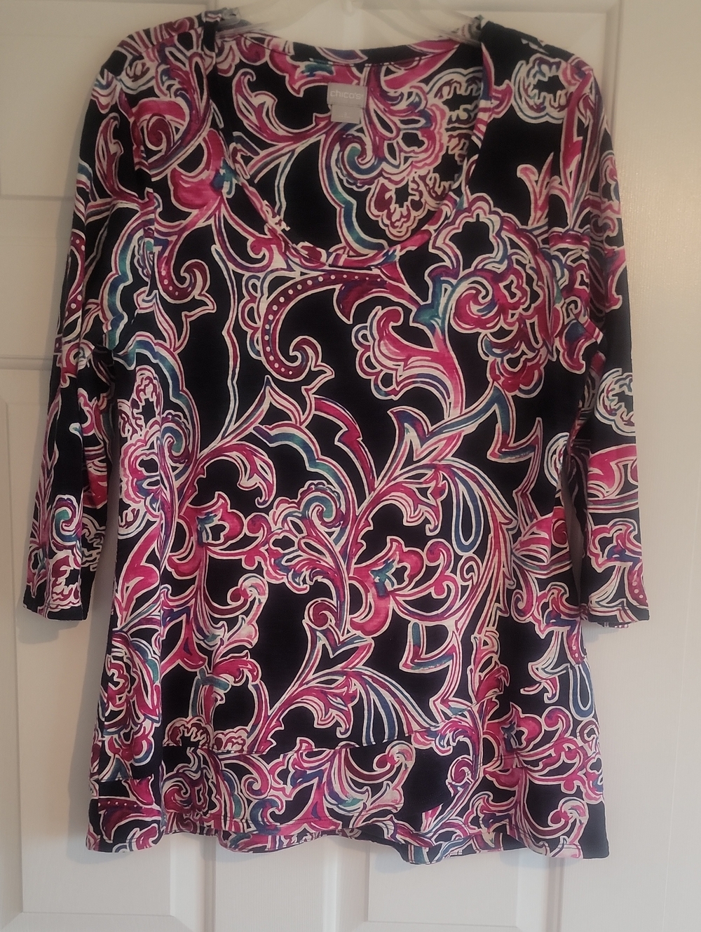 Chico's Navy, Pink, Teal Paisley Scoop- Neck Tunic, 3/4 Sleeves, L (2)
